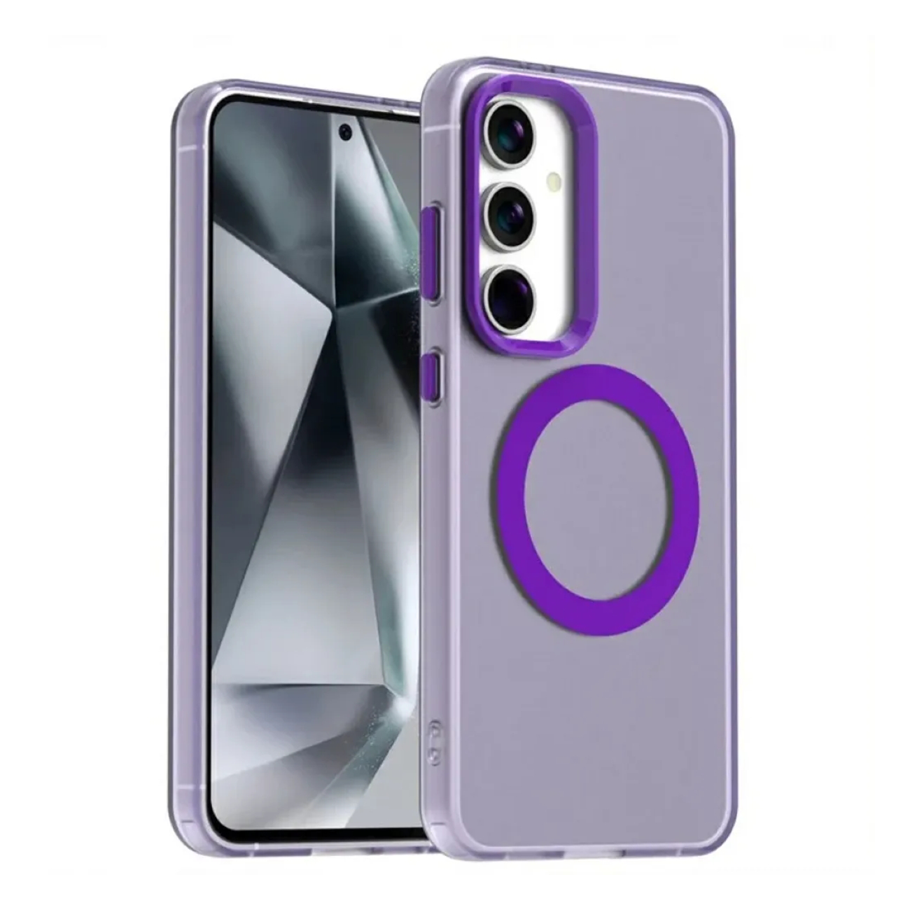 Na obrazie widoczne jest fioletowe etui na telefon z okrągłym wzorem, przystosowane do MagSafe. Telefon w etui ma trzy obiektywy aparatu i wyświetlacz z geometrycznym wzorem.