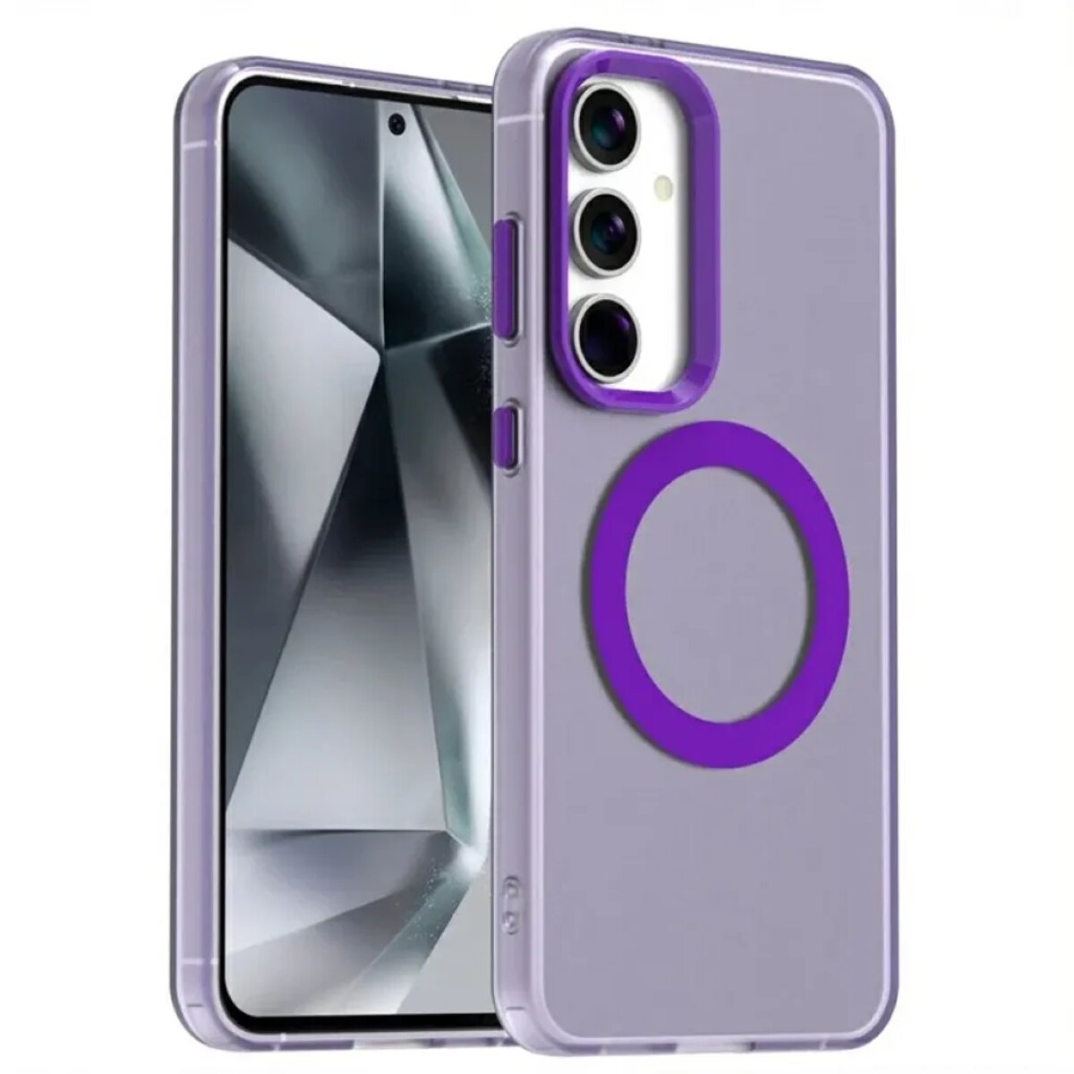 Na obrazie widoczne jest fioletowe etui na telefon z trzema wycięciami na aparaty oraz okrągłym wzorem na tylnej części. Telefon w etui ma wyświetlacz z geometrycznym wzorem.