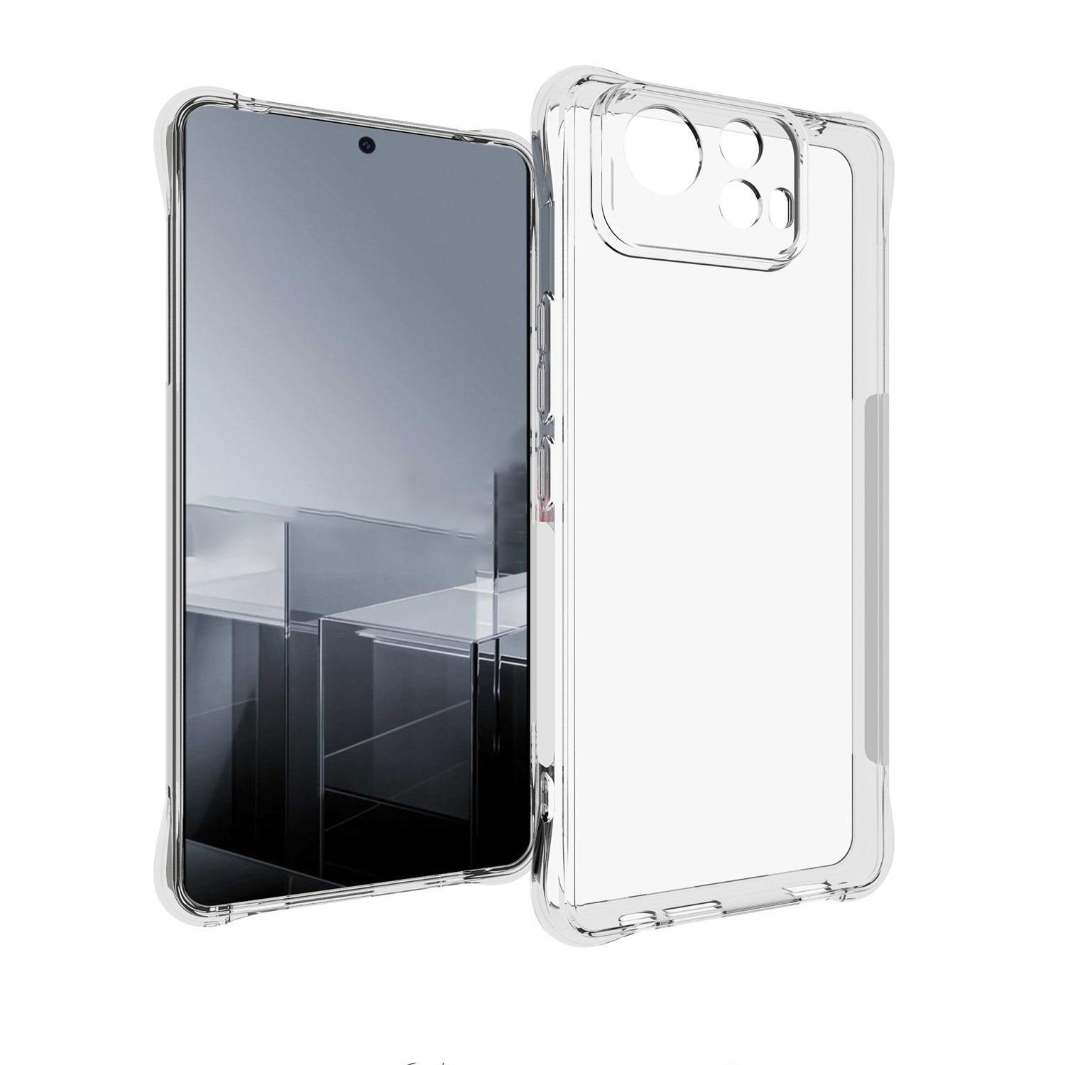 Przezroczyste etui ochronne na smartfon z widocznymi wycięciami na aparat i przyciski. Obok etui znajduje się smartfon z wyświetlaczem pokazującym abstrakcyjny wzór.