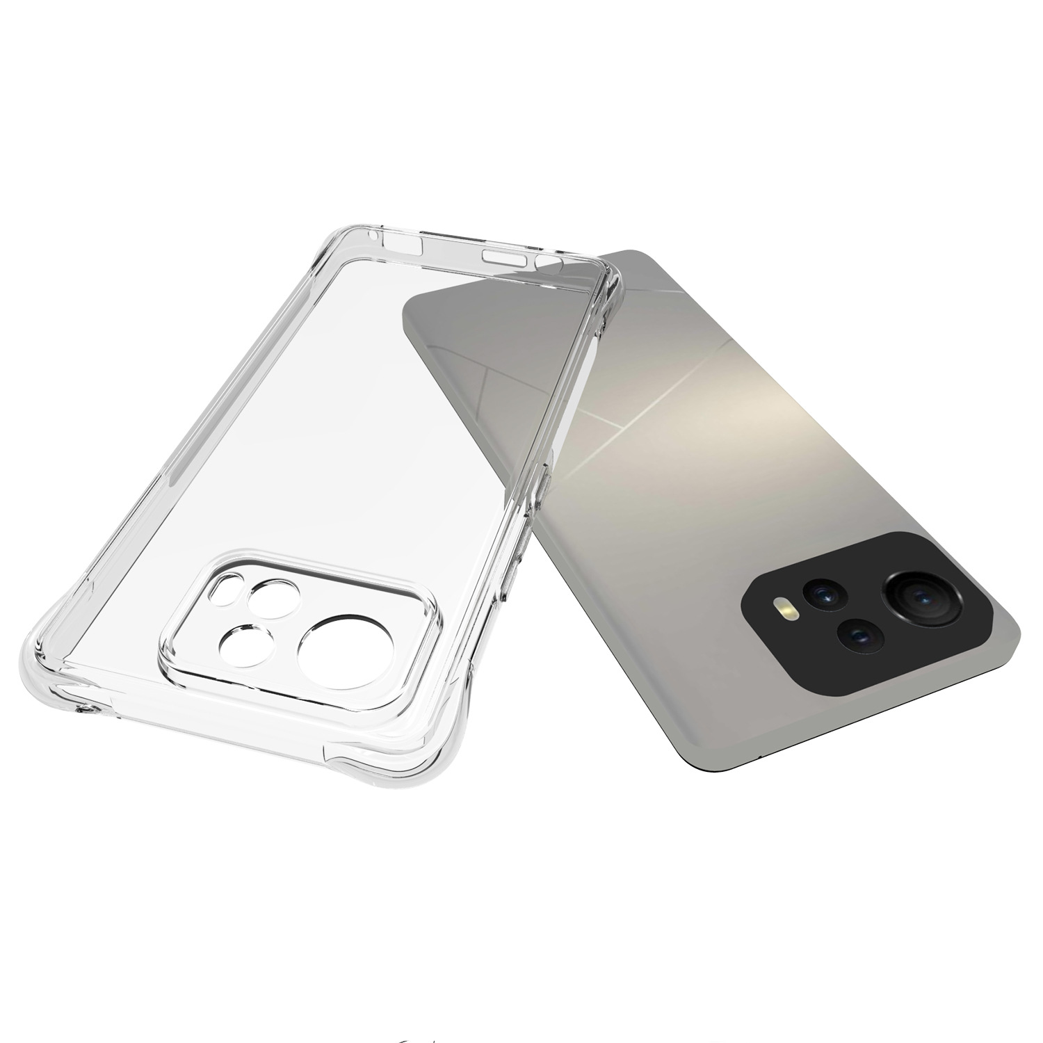 Na obrazie widoczne jest przezroczyste etui ochronne oraz smartfon z dwoma obiektywami aparatu i błyszczącą powierzchnią. Etui ma wycięcia na obiektywy i przyciski.