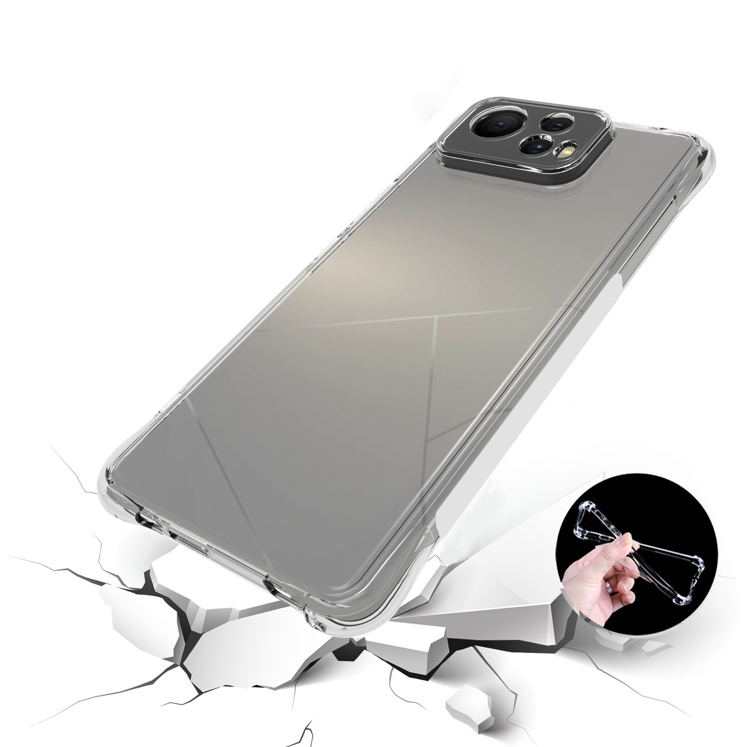 Przezroczyste etui ochronne na telefon leży na powierzchni z efektem pęknięcia. W prawym dolnym rogu widoczna jest dłoń rozciągająca elastyczne etui.