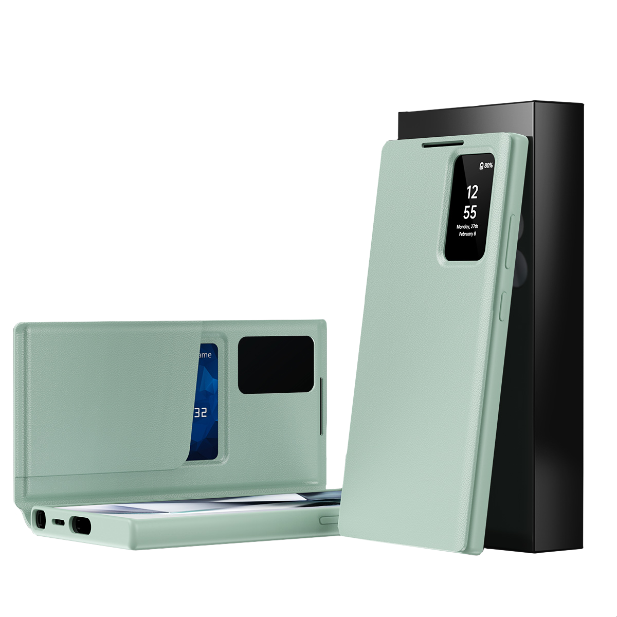 Obraz przedstawia zielone etui Smart View do telefonu, z klapką i wycięciem na ekran, na którym widoczna jest godzina 12:55 i data Monday, 29th February. W tle znajduje się czarne pudełko.