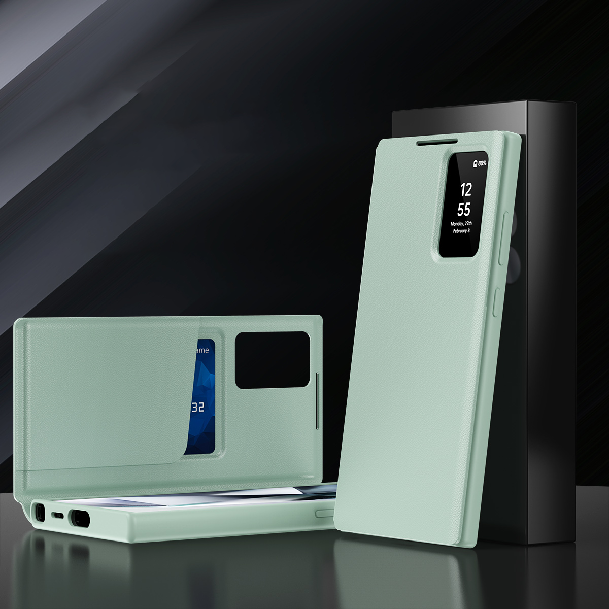 Etui Smart View do Samsung Galaxy S25 Ultra w kolorze miętowym, z klapką i wycięciem na ekran, prezentowane na tle ciemnego pudełka.