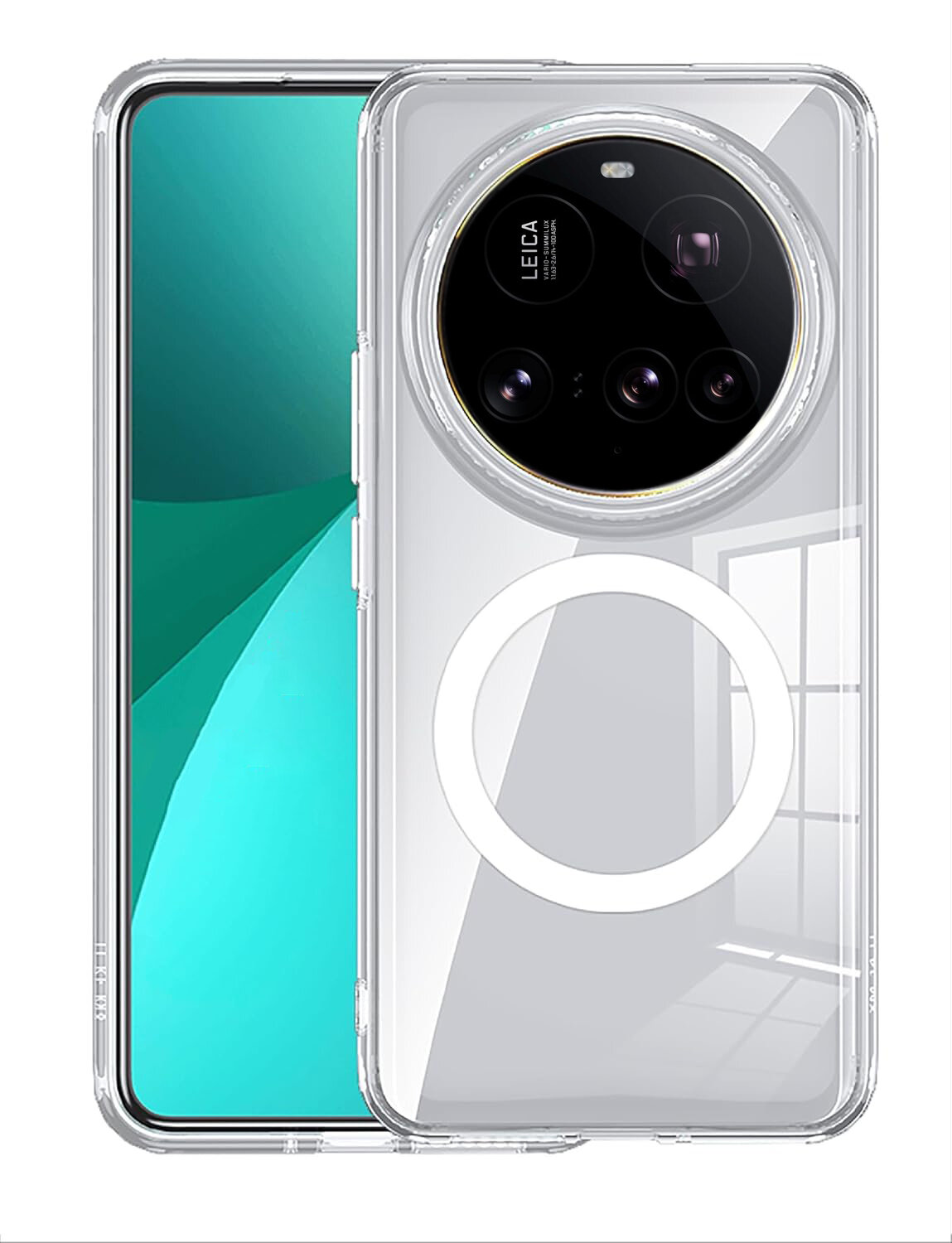 Przezroczyste etui na smartfon z widocznym okrągłym wzorem na pleckach, dostosowane do MagSafe. Na etui widoczny jest aparat z czterema obiektywami i napisem \'LEICA\'.