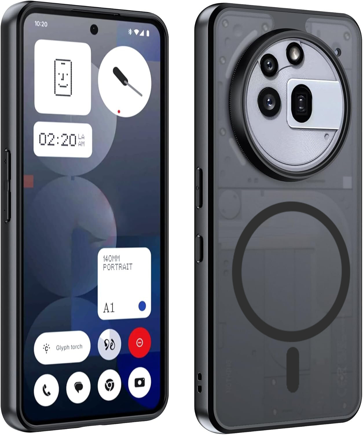 Zdjęcie przedstawia etui do telefonu Nothing Phone 3a Pro z matowym wykończeniem, widoczne z przodu i z tyłu, z okrągłym wycięciem na aparat oraz oznaczeniem MagSafe. Na ekranie telefonu widoczne są ikony aplikacji i godzina 02:20 AM.