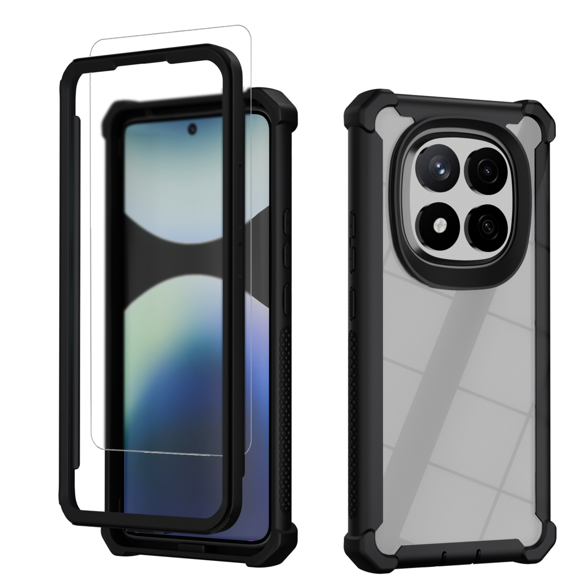 Obraz przedstawia etui pancerne 360° do telefonu, z przezroczystą folią ochronną na ekran. Etui ma czarną ramkę i wzmocnione narożniki, a z tyłu widoczne są wycięcia na cztery obiektywy aparatu.