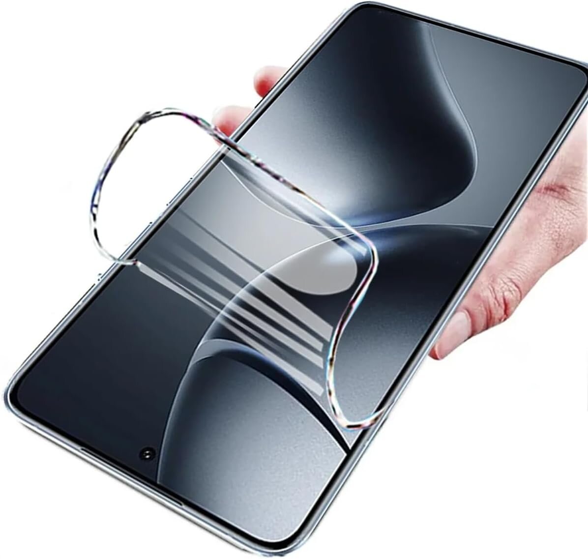 Na zdjęciu widać smartfon trzymany w dłoni, z nałożoną przezroczystą folią ochronną na ekranie. Ekran wyświetla abstrakcyjny wzór w odcieniach szarości.