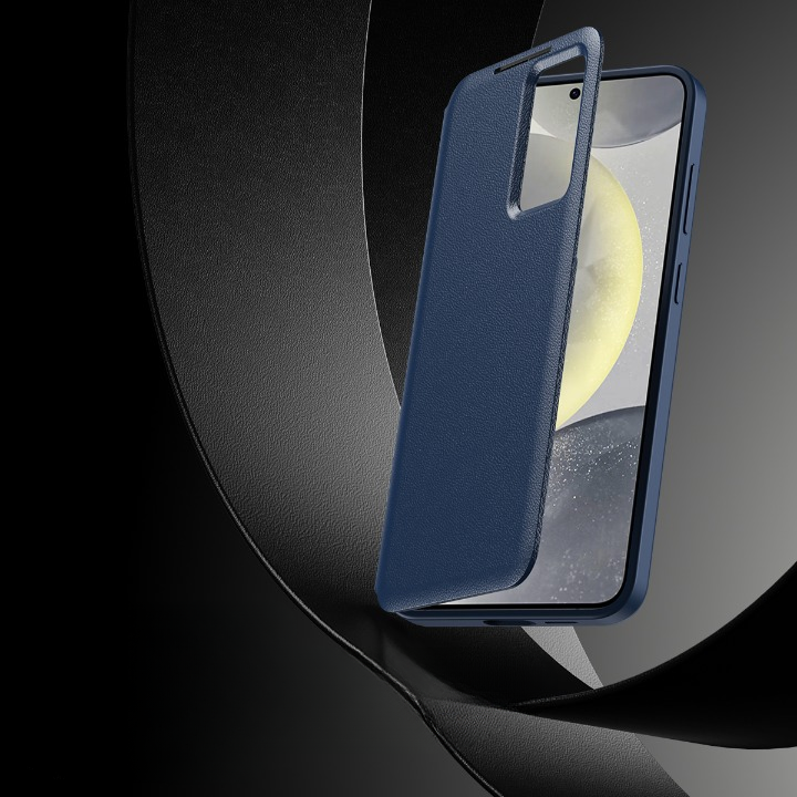 Etui z klapką Smart View do Samsung Galaxy S24 Ultra, skórzane, pokrowiec, przedstawione na tle ciemnych, zakrzywionych kształtów.