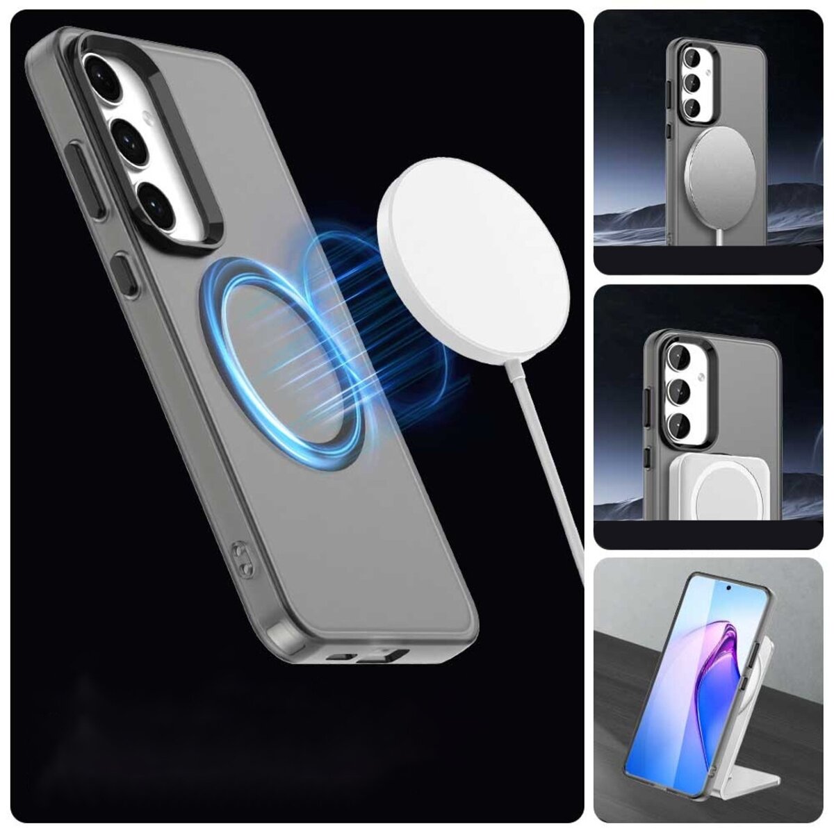 Obraz przedstawia przezroczyste etui na telefon z trzema wycięciami na aparaty, kompatybilne z ładowaniem MagSafe. Widać również telefon w etui umieszczony na stojaku oraz ładowarkę MagSafe przylegającą do tylnej części etui.