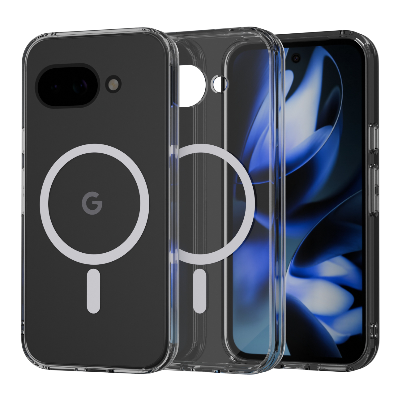 Przezroczyste etui ochronne z okrągłym wzorem i literą \'G\' na środku, przeznaczone do telefonu. Obok widoczny jest telefon z wyświetlaczem pokazującym niebiesko-czarną grafikę.