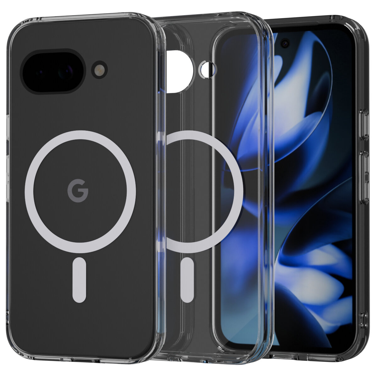 Przezroczyste etui na telefon z widocznym logo \'G\' i okrągłym wzorem na środku. W tle widać ekran telefonu z niebieskimi wzorami.