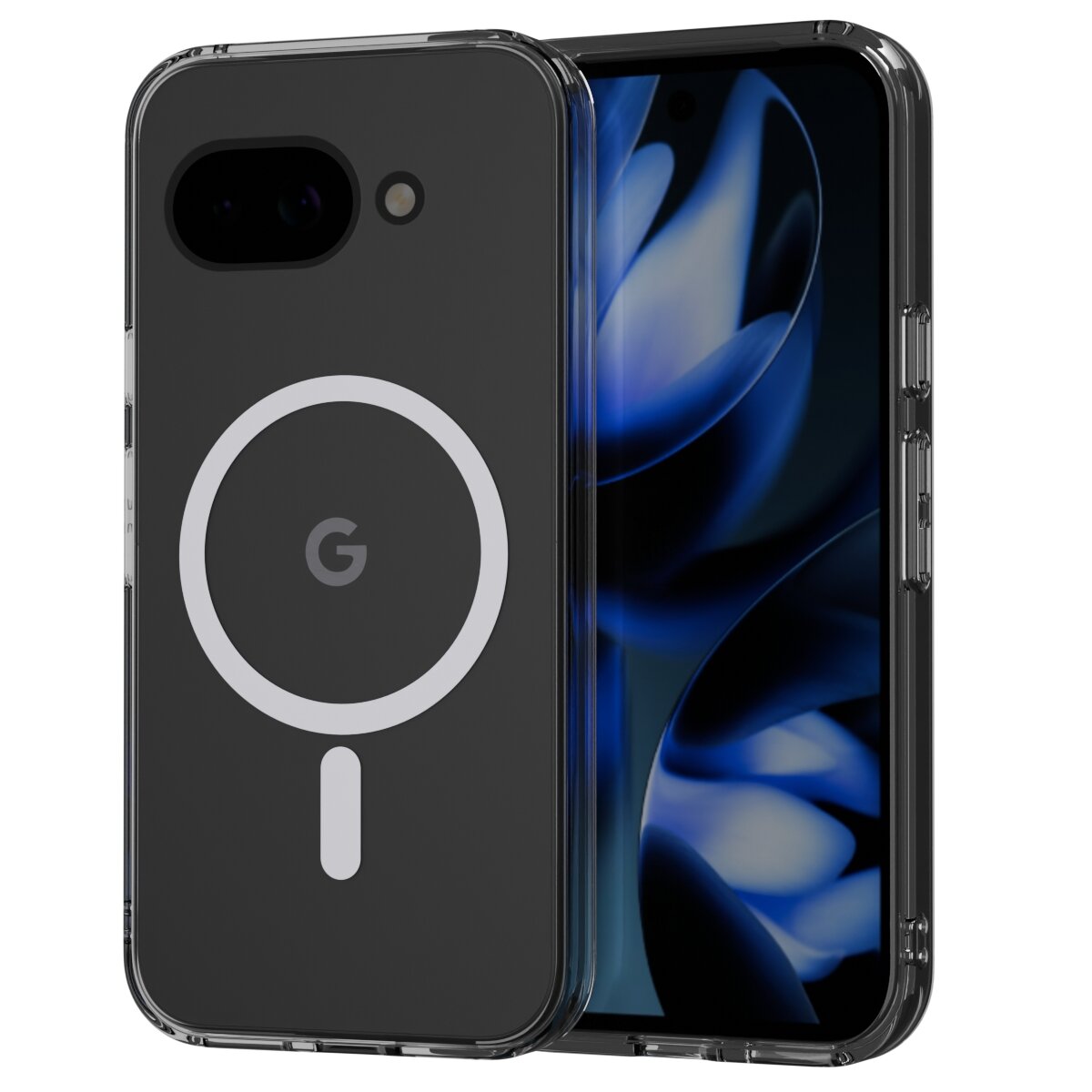 Na obrazie widoczne jest przezroczyste etui na telefon z okrągłym wzorem i literą \'G\'. Etui jest dopasowane do telefonu z widocznym ekranem i kamerą.