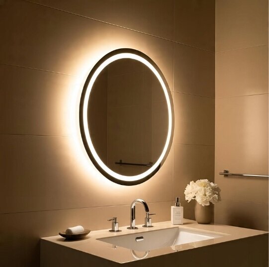 Okrągłe lustro LED o średnicy 110 cm z podświetleniem zamontowane na ścianie nad umywalką w eleganckiej łazience.