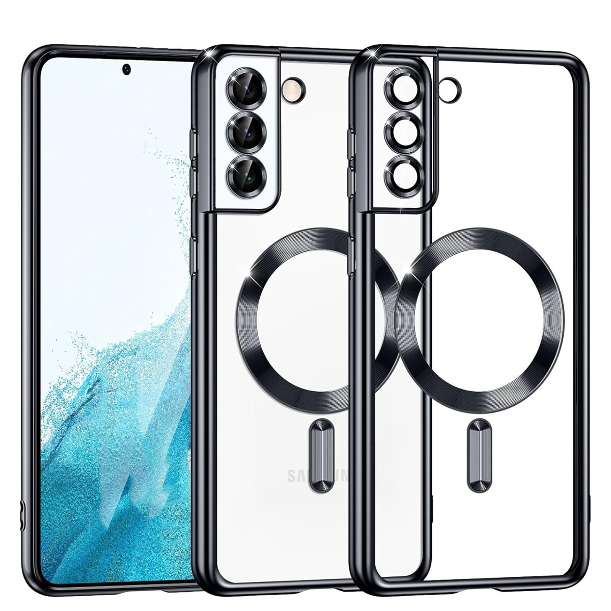 Obraz przedstawia przezroczyste etui na telefon z trzema otworami na aparaty i okrągłym wzorem na środku. Etui jest przeznaczone do telefonu Samsung Galaxy S22 i posiada funkcję MagSafe.