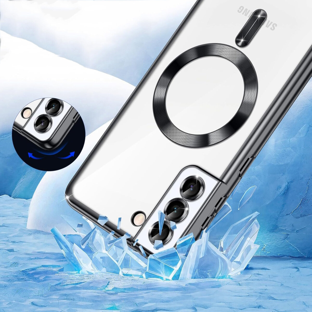 Etui do Samsung Galaxy S22 z magnetycznym pierścieniem MagSafe, przedstawione na tle lodowych kryształów. Widoczny napis \'SAMSUNG\' na etui.