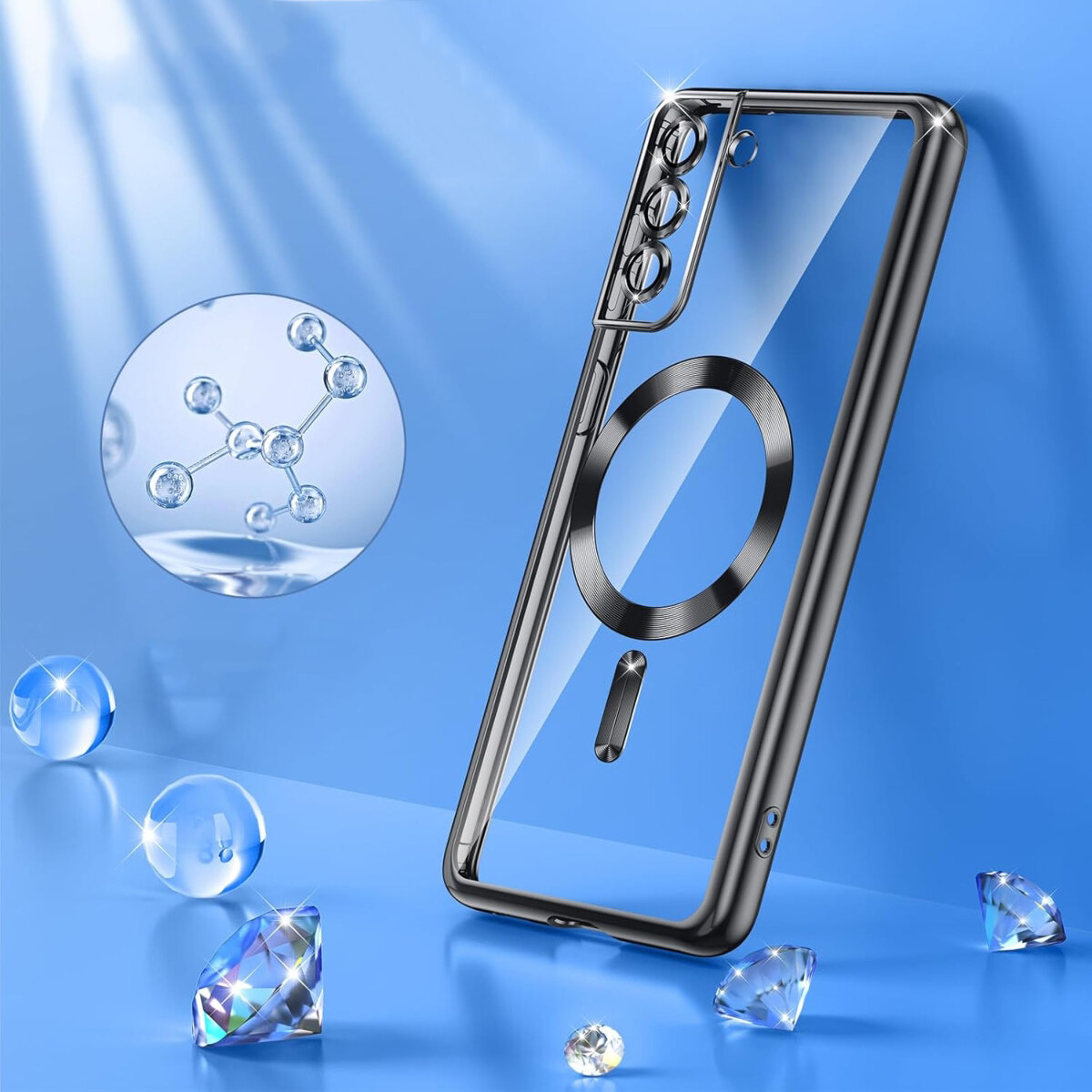 Przezroczyste etui na telefon z metalicznymi krawędziami i okrągłym wzorem na środku, otoczone przezroczystymi kulkami i diamentami na niebieskim tle.