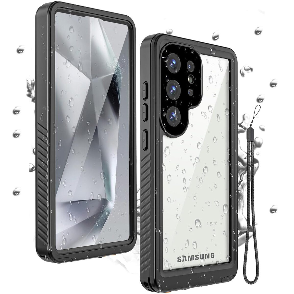 Obraz przedstawia wodoodporne etui na telefon z widocznymi kroplami wody na powierzchni. Na etui znajduje się napis \'SAMSUNG\'.