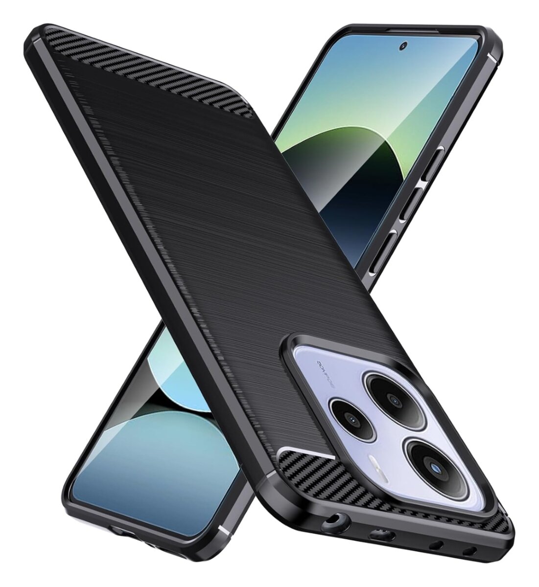 Obraz przedstawia dwa smartfony w czarnych, wzmacnianych etui z widocznymi aparatami fotograficznymi. Etui ma teksturę przypominającą szczotkowany metal oraz wzmocnienia na rogach.