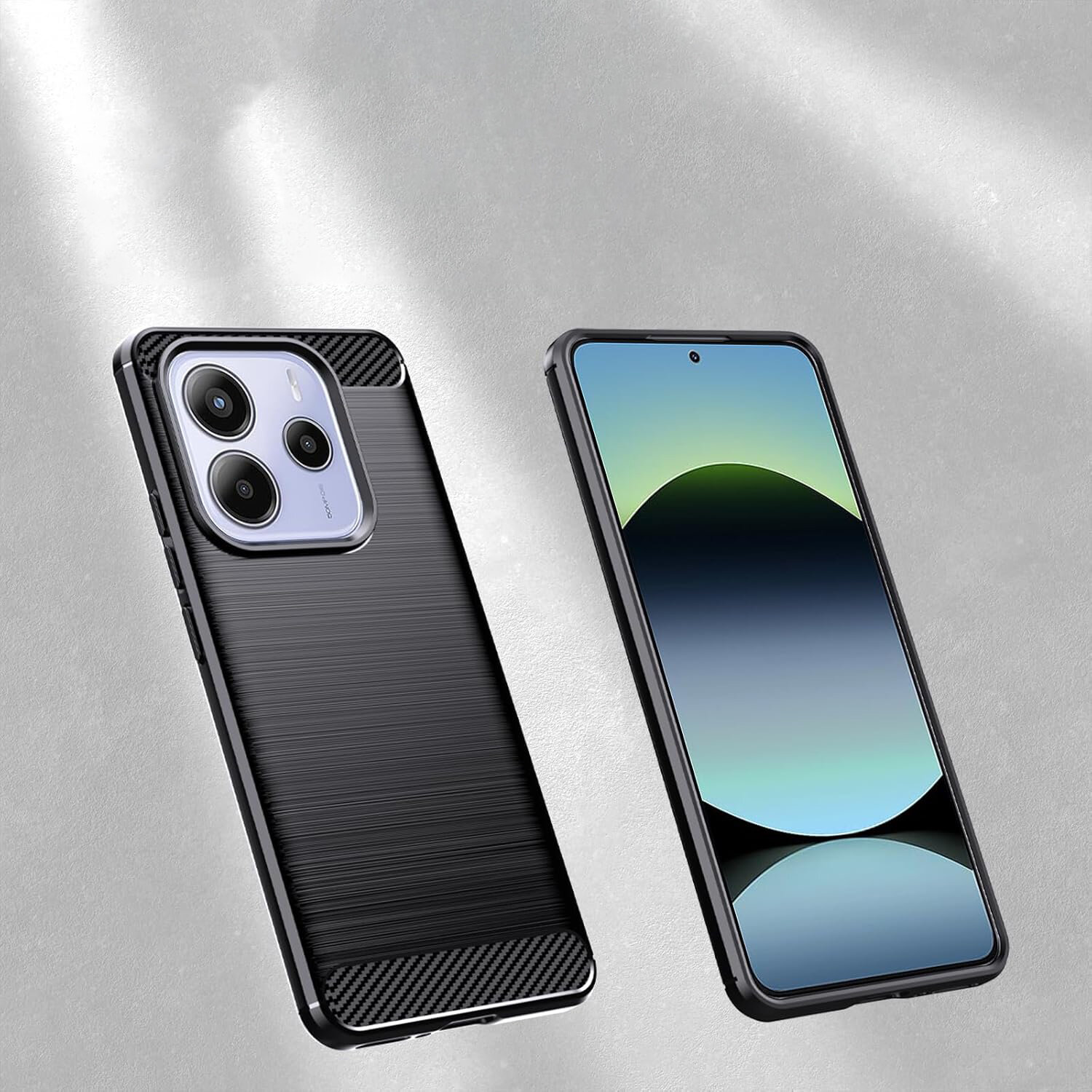 Na zdjęciu widoczne jest etui pancerne do telefonu Redmi Note 14 4G oraz sam telefon z wyświetlaczem. Tło jest jednolite i neutralne, przypominające powierzchnię z delikatnym połyskiem.