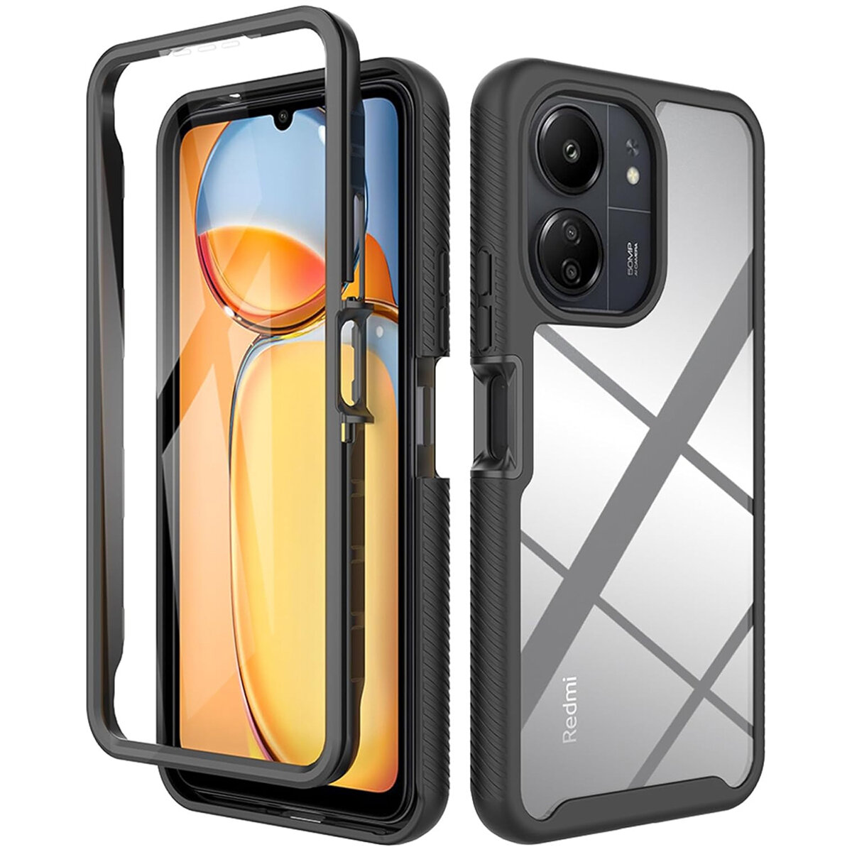 Obraz przedstawia etui pancerne do telefonu z przezroczystym tyłem i czarnymi krawędziami. Na etui widoczne jest logo \'Redmi\'.