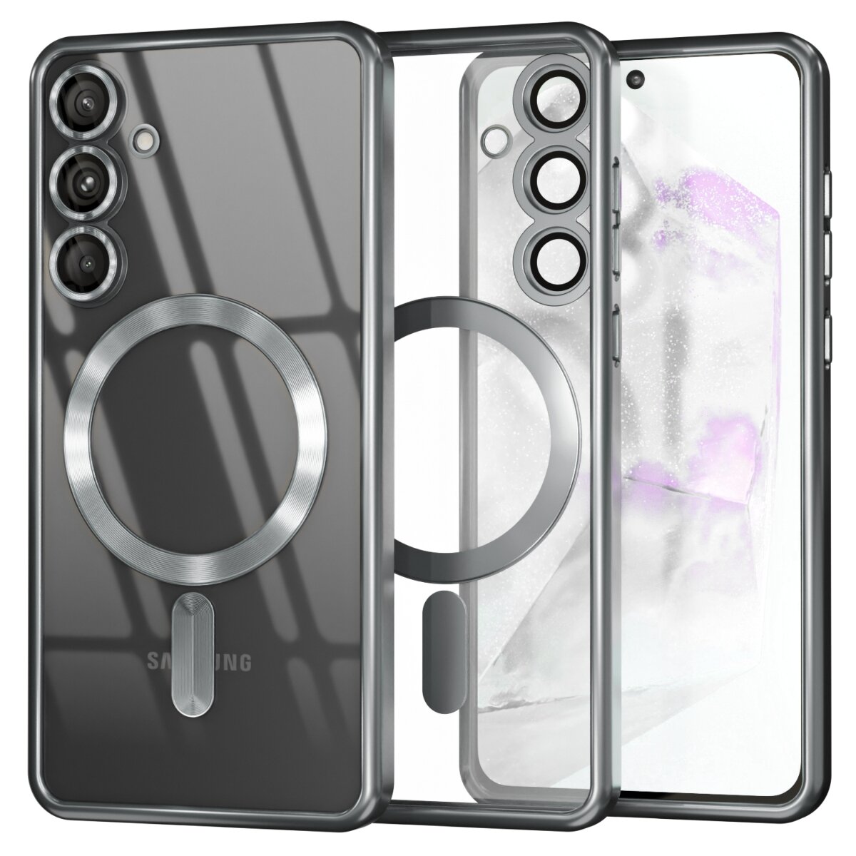 Obraz przedstawia przezroczyste etui do telefonu z trzema otworami na aparaty i metalowym pierścieniem na środku. W tle widoczny jest telefon z wyświetlaczem i grafiką w odcieniach fioletu.