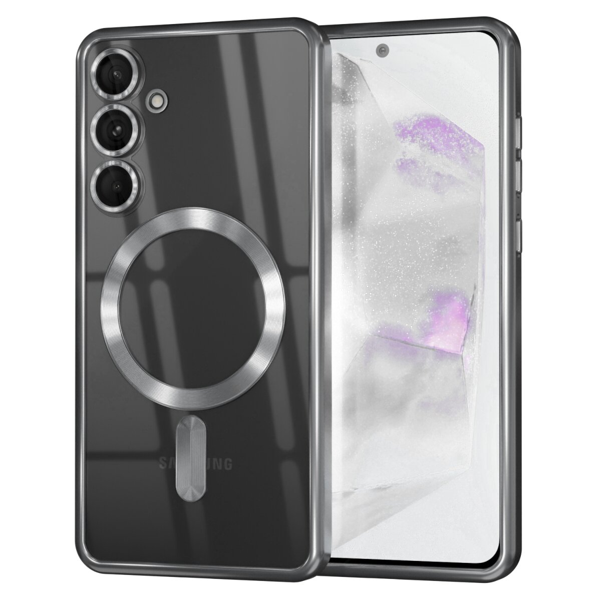 Obraz przedstawia przezroczyste etui na telefon z trzema otworami na aparaty i okrągłym wzorem na środku. Obok etui widoczny jest telefon z wyświetlaczem pokazującym abstrakcyjny wzór w odcieniach bieli i fioletu.
