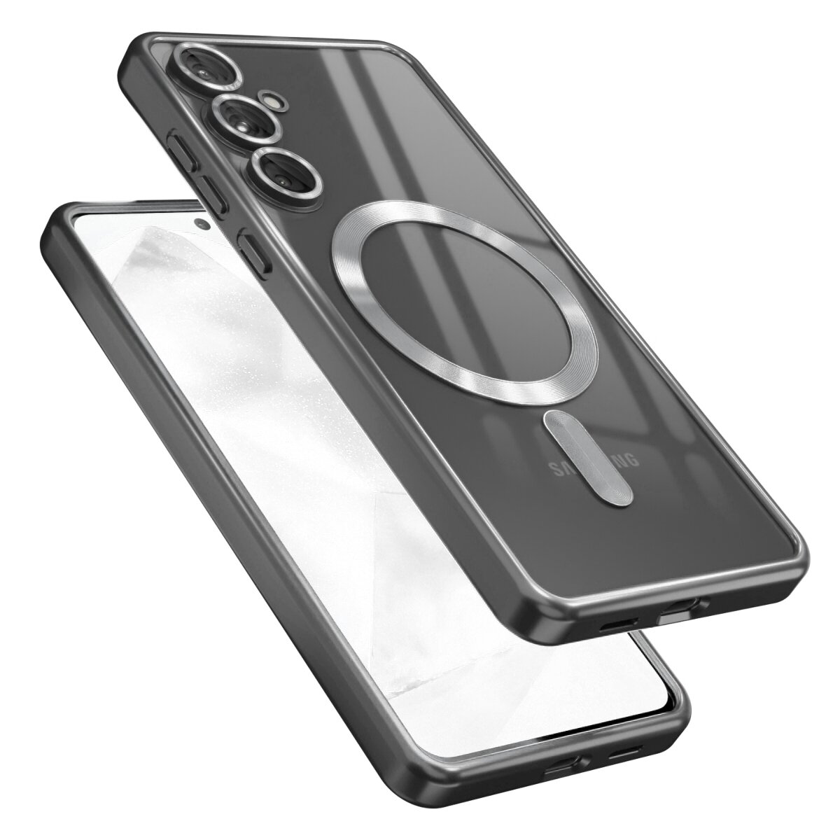 Przezroczyste etui na telefon z trzema otworami na aparaty i metalowym pierścieniem na środku. Widoczny jest również napis \'Samsung\' na dolnej części etui.