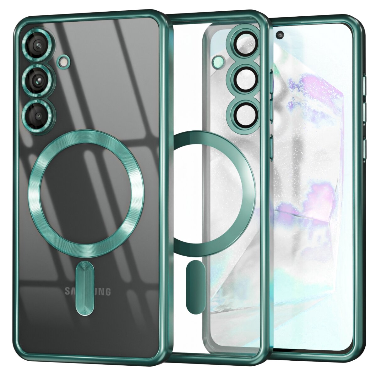 Obraz przedstawia przezroczyste etui do telefonu z zielonymi akcentami, przeznaczone do Samsung Galaxy S25 Plus 5G. Etui posiada okrągły element kompatybilny z MagSafe oraz wycięcia na trzy obiektywy aparatu.