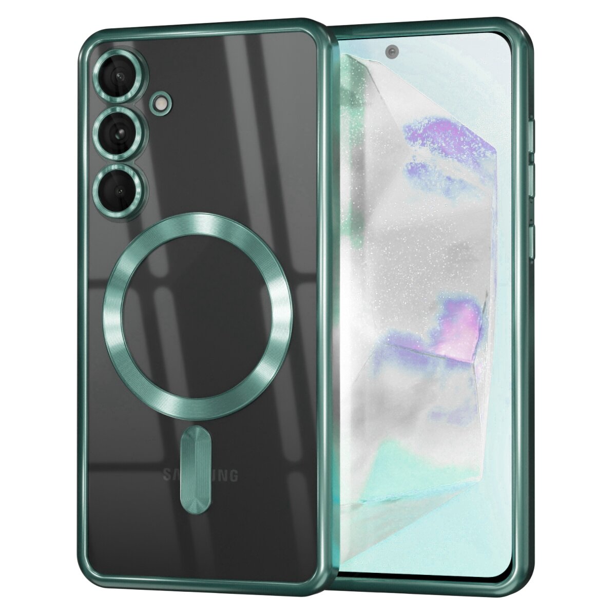 Obraz przedstawia etui do telefonu Samsung Galaxy S25 Plus 5G w kolorze zielonym, z okrągłym wzorem na plecach, przystosowane do MagSafe. Etui ma wycięcia na trzy obiektywy aparatu i dodatkowy otwór na lampę błyskową.