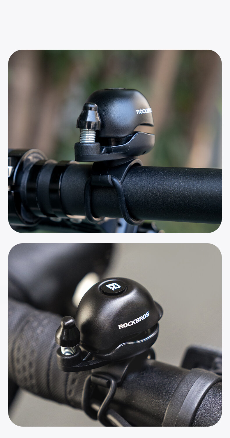 Dwa zdjęcia przedstawiające czarny dzwonek rowerowy zamontowany na kierownicy roweru. Na dzwonku widoczne jest logo \'ROCKBROS\'.