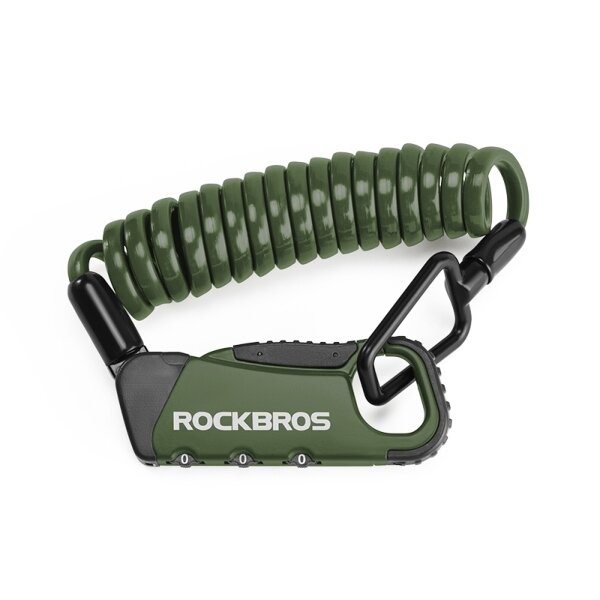 Zielone zapięcie do roweru z czarnymi elementami, z widocznym logo ROCKBROS i spiralnym kablem.