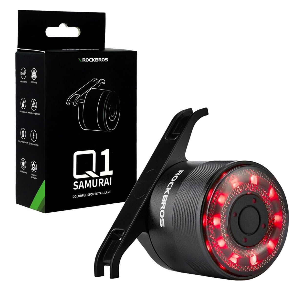 Na zdjęciu znajduje się tylna lampa rowerowa RockBros z czerwonymi diodami LED oraz opakowanie z napisem \'Q1 SAMURAI\' i logo \'ROCKBROS\'.