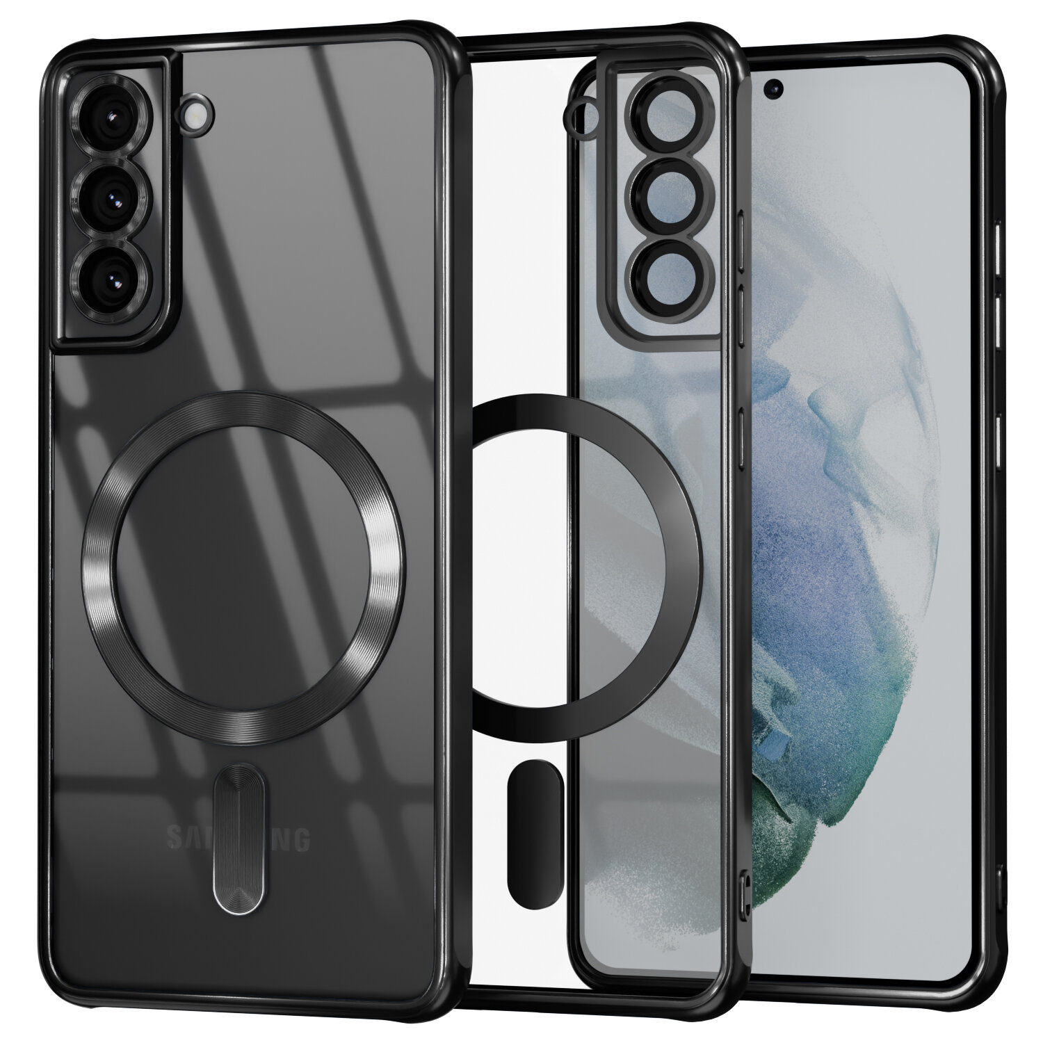 Obraz przedstawia przezroczyste etui do telefonu z trzema otworami na aparaty i okrągłym wzorem na środku. Etui jest kompatybilne z MagSafe i przeznaczone do Samsung Galaxy S21 5G.