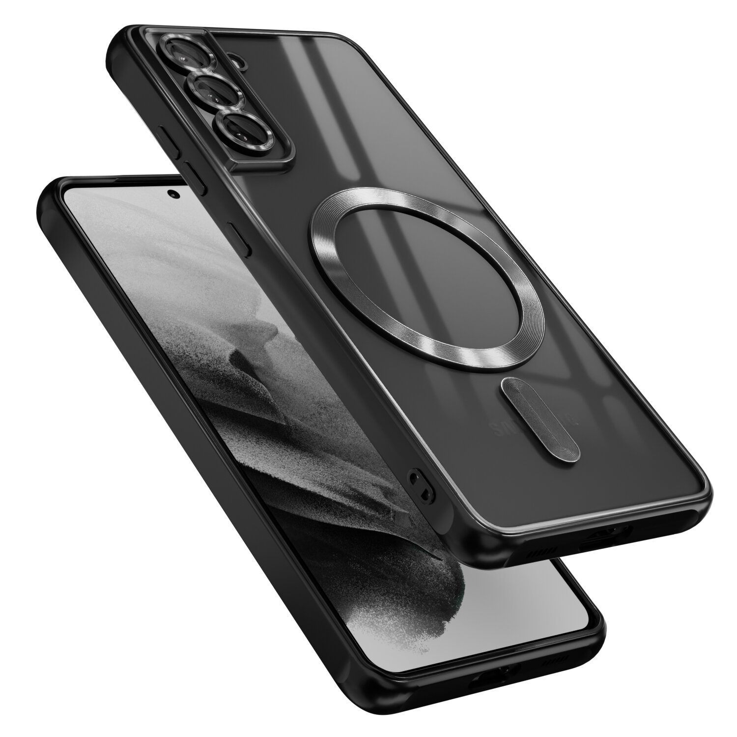 Obraz przedstawia dwa czarne etui na telefon, jedno z widocznym okrągłym elementem magnetycznym na tylnej części. Etui mają wycięcia na aparat i przyciski boczne.