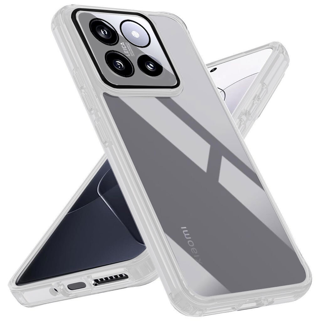 Obraz przedstawia przezroczyste etui na telefon z widocznymi wycięciami na aparat i porty. Na etui widoczny jest napis \'xiaomi\'.
