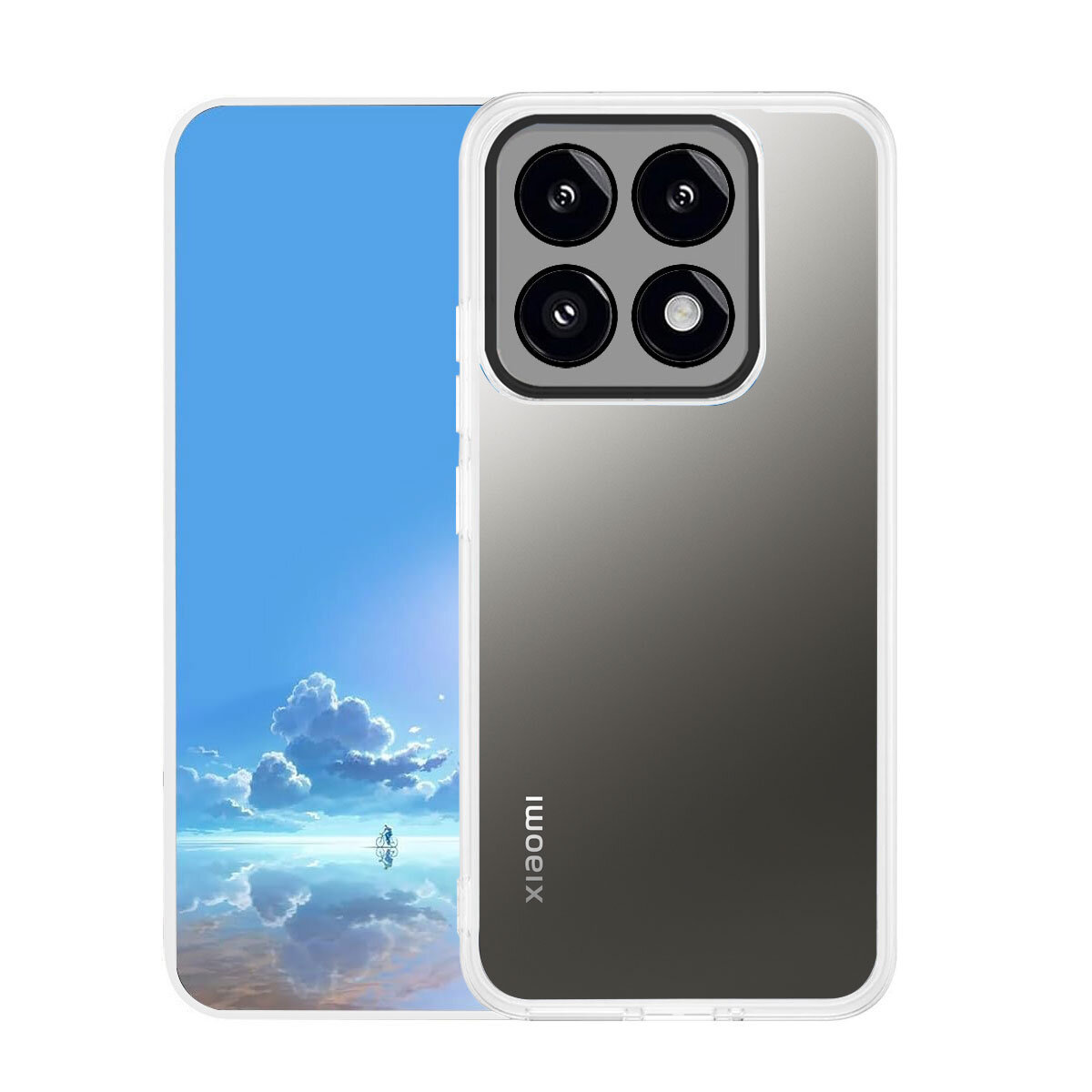 Obraz przedstawia przezroczyste etui na telefon z widocznym napisem \'Xiaomi\'. Etui ma wycięcia na cztery obiektywy aparatu.