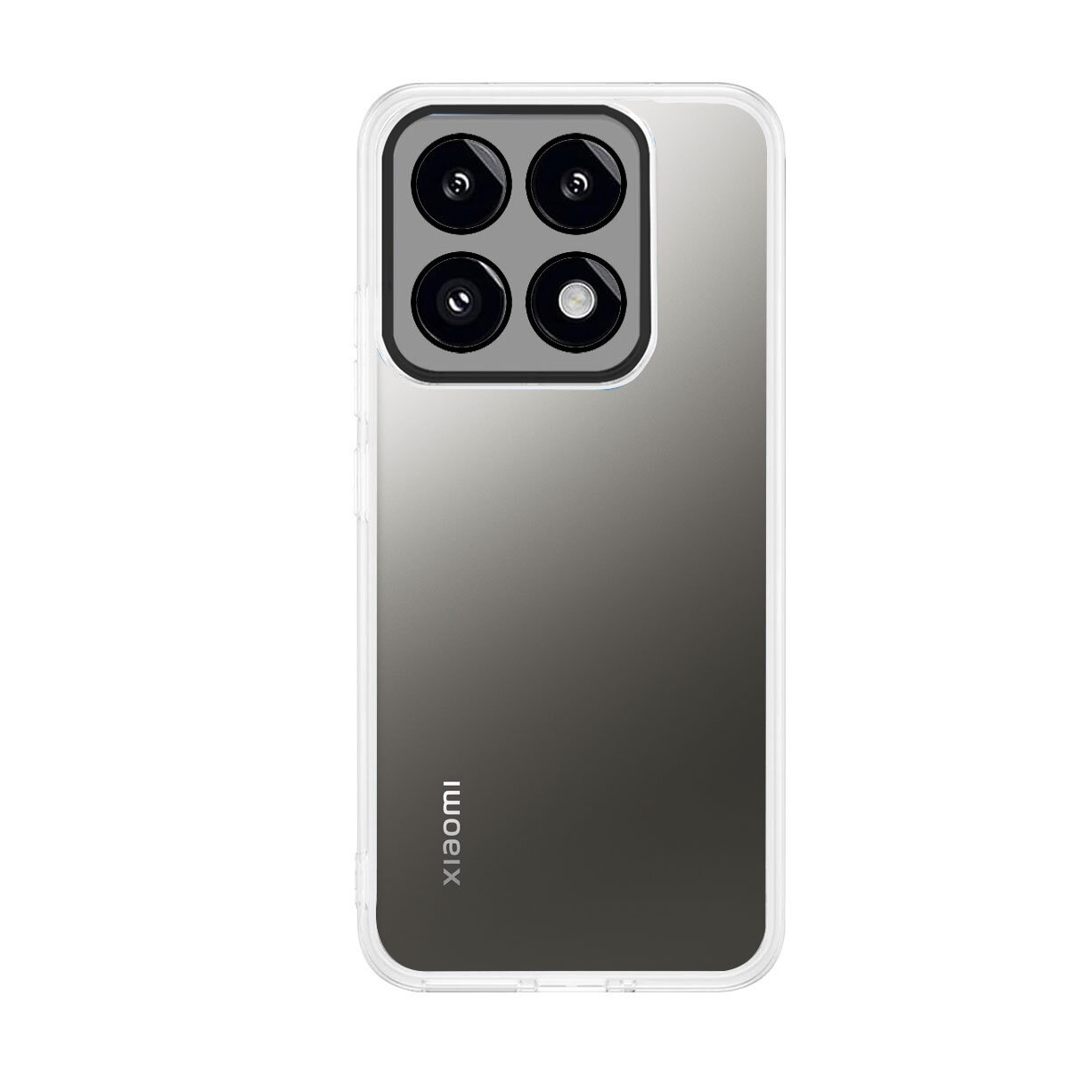 Przezroczyste etui na telefon z widocznym napisem \'xiaomi\' na tylnej części oraz wycięciem na aparat z czterema obiektywami.