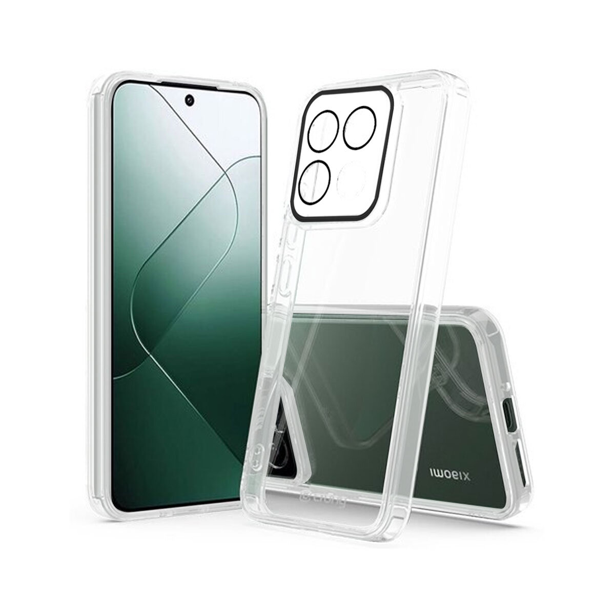 Obraz przedstawia przezroczyste etui na telefon z widocznymi wycięciami na aparat i przyciski. W tle widać telefon z zielonym ekranem i napisem \'Xiaomi\'.