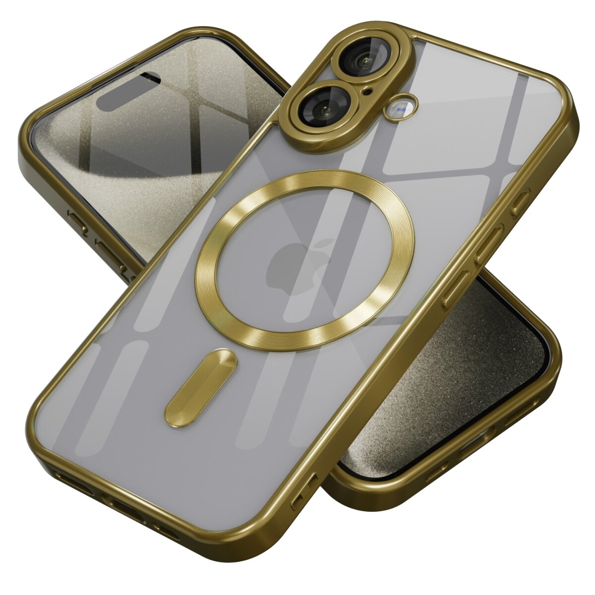 Obraz przedstawia trzy etui do telefonu w kolorze złotym z przezroczystymi pleckami i okrągłym wzorem na środku. Etui mają wycięcia na aparat i przyciski boczne.