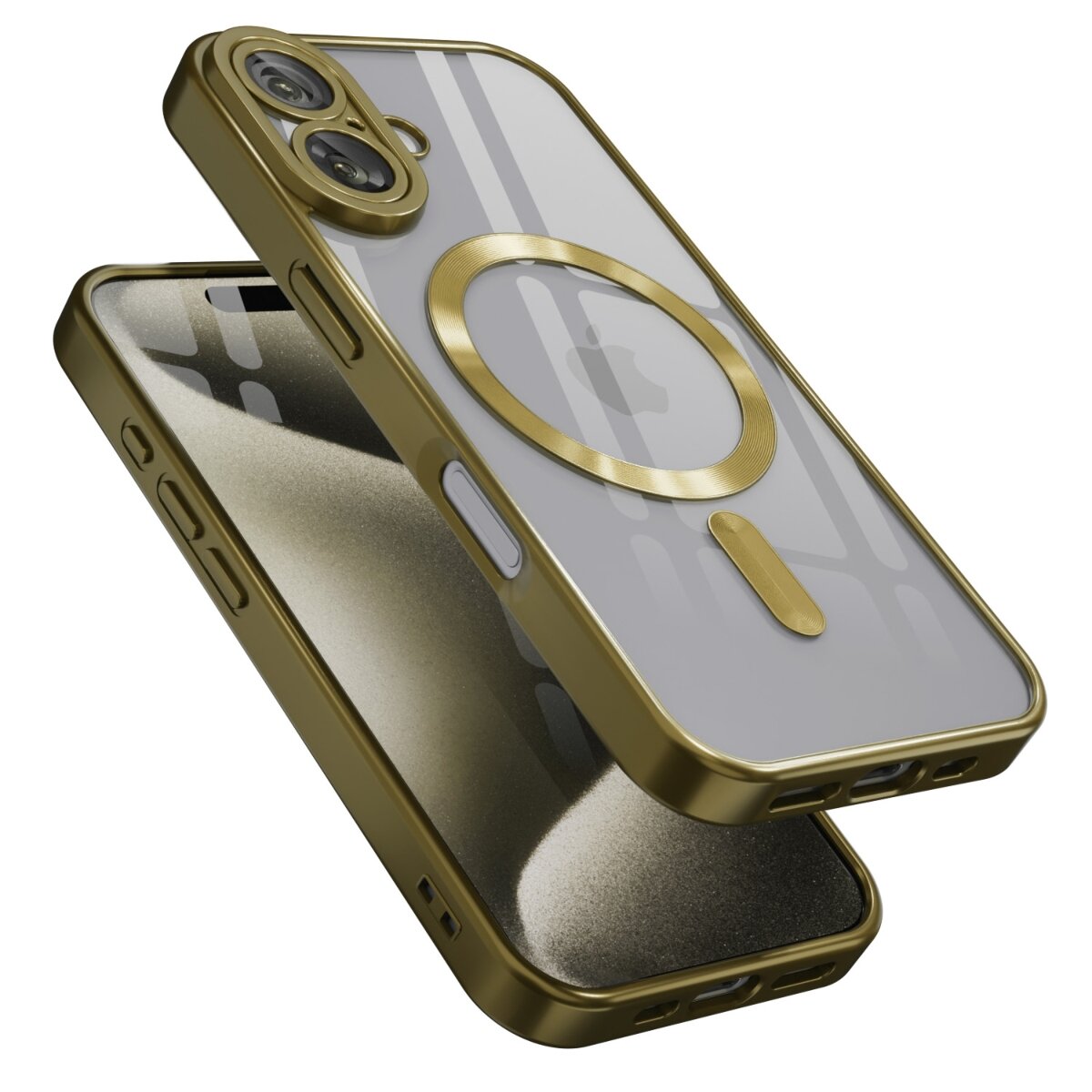 Obraz przedstawia dwa etui do telefonu z przezroczystym tyłem i złotymi krawędziami. Na jednym z etui widoczny jest okrągły wzór przypominający symbol Magsafe.