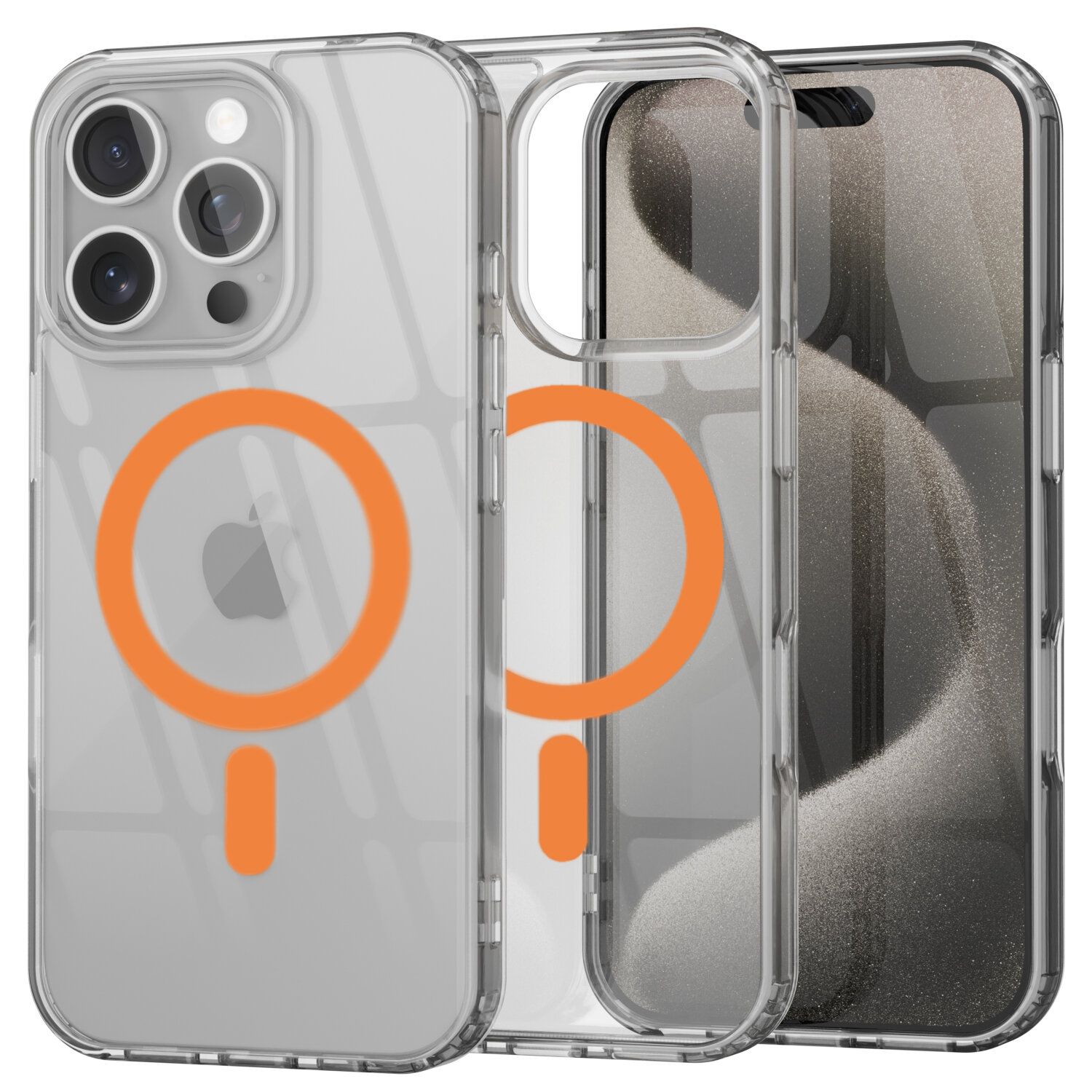 Przezroczyste etui do telefonu z widocznym logo w kształcie jabłka oraz pomarańczowym okręgiem na tylnej części. Etui posiada wycięcia na aparat i przyciski.
