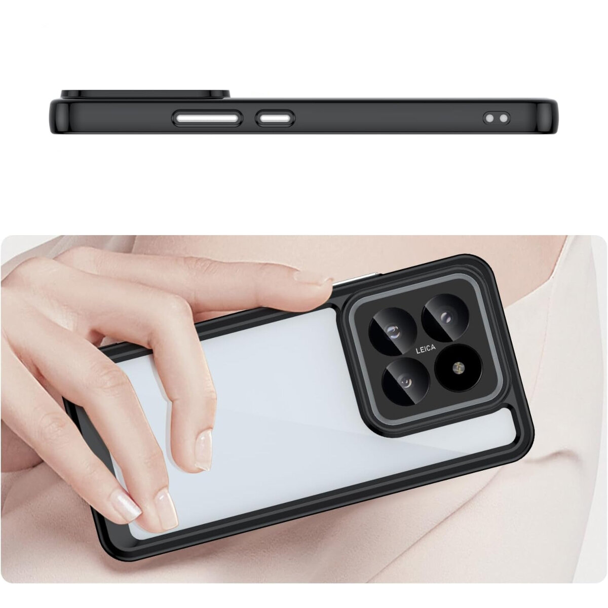 Obraz przedstawia etui na telefon z widocznymi przyciskami bocznymi oraz dużym wycięciem na aparat z napisem \'LEICA\'. Etui jest trzymane w dłoni i ma czarną ramkę z białym tyłem.