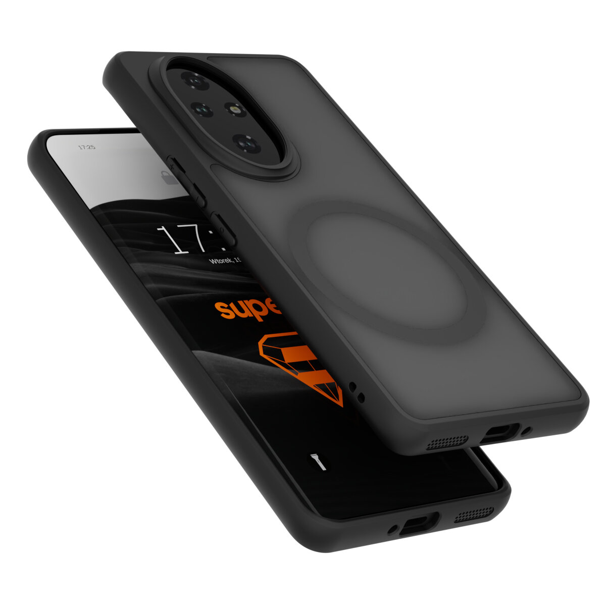 Obraz przedstawia czarne, matowe etui na telefon z okrągłym wycięciem na aparat i magnetycznym uchwytem. Na ekranie telefonu widoczny jest tekst: \'super\'.