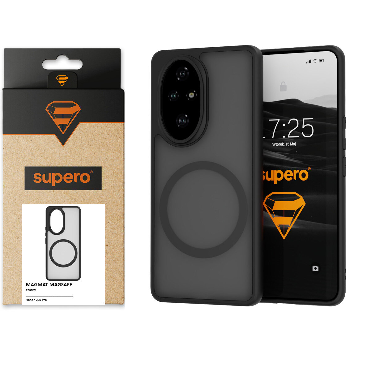 Na obrazie widoczne jest czarne etui na telefon z okrągłym wzorem, obok znajduje się opakowanie z logo \'supero\' i napisem \'MAGMAT MAGSAFE czarny Honor 200 Pro\'.