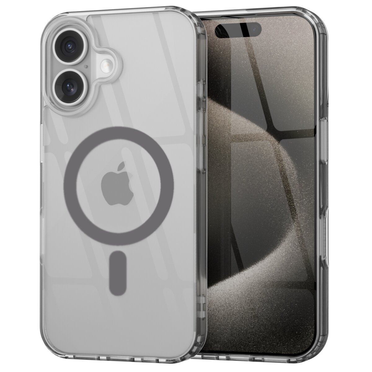 Przezroczyste etui do telefonu z widocznym logo w kształcie jabłka i okręgiem wskazującym na funkcję MagSafe. Etui posiada wycięcia na aparat i przyciski.