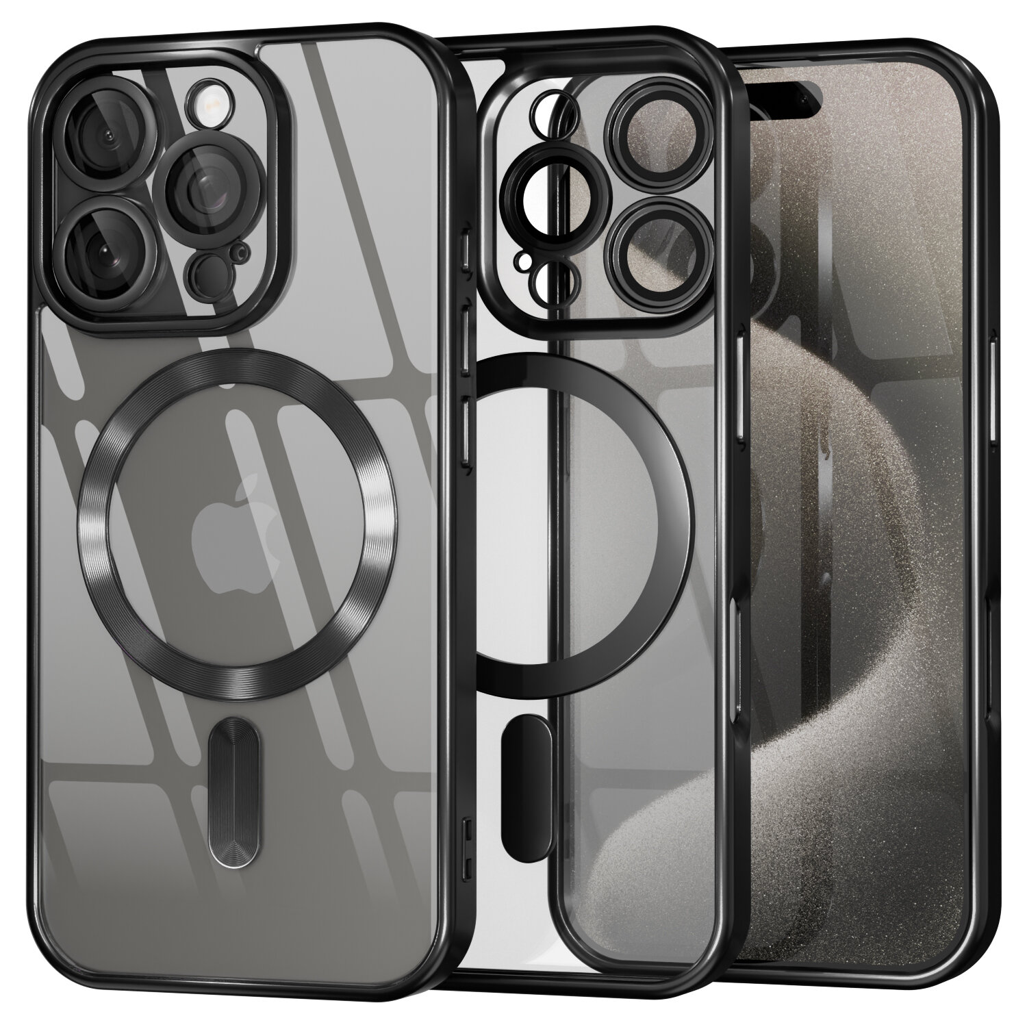 Obraz przedstawia trzy przezroczyste etui do telefonu z widocznym okrągłym wzorem na środku, przeznaczone do iPhone 16 Pro. Etui mają czarne krawędzie i wycięcia na aparat oraz logo w kształcie jabłka.