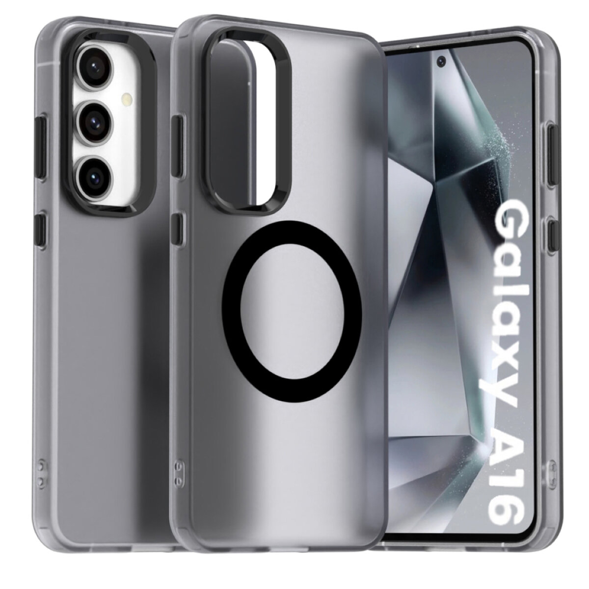 Obraz przedstawia przezroczyste etui z matowym wykończeniem, przeznaczone do telefonu Samsung Galaxy A16, z widocznym okrągłym wzorem. Na ekranie telefonu widoczny jest napis \'Galaxy A16\'.