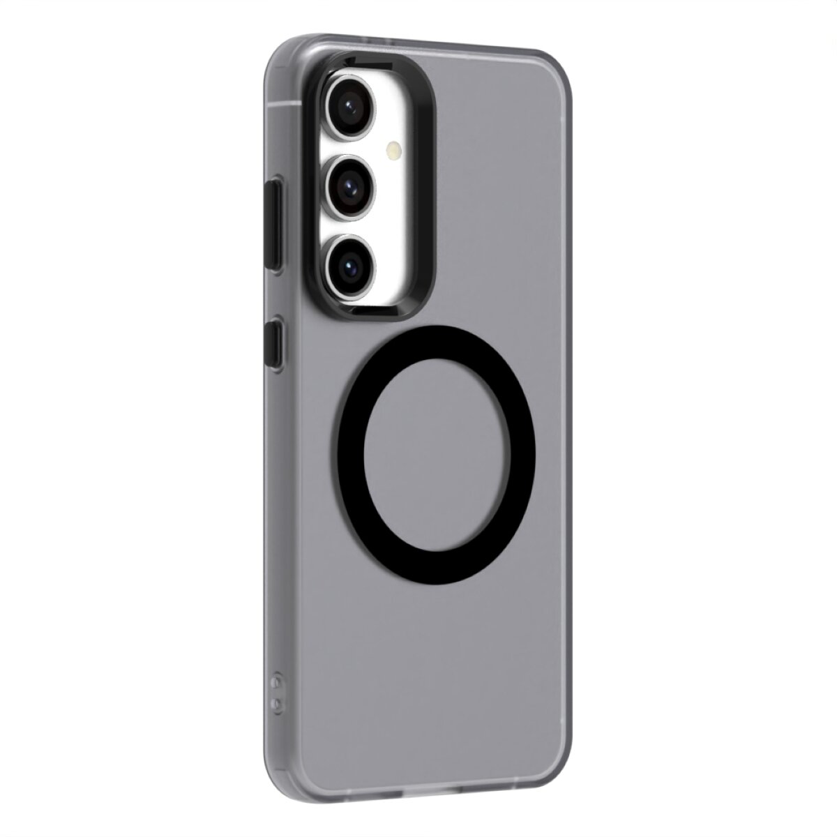 Szare etui na telefon z trzema wycięciami na aparaty i czarnym okręgiem na środku tylnej części. Etui jest matowe i przeznaczone do MagSafe.