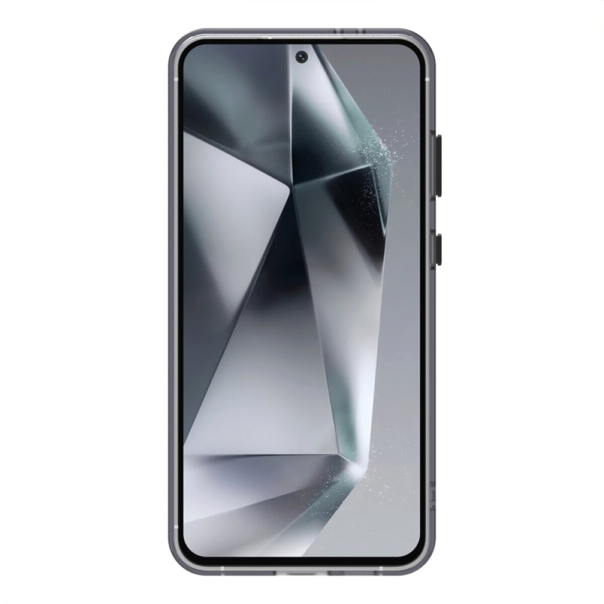 Obraz przedstawia smartfon z wyświetlaczem pokazującym abstrakcyjny wzór przypominający kryształ. Telefon jest w etui o matowym wykończeniu z widocznymi przyciskami bocznymi.