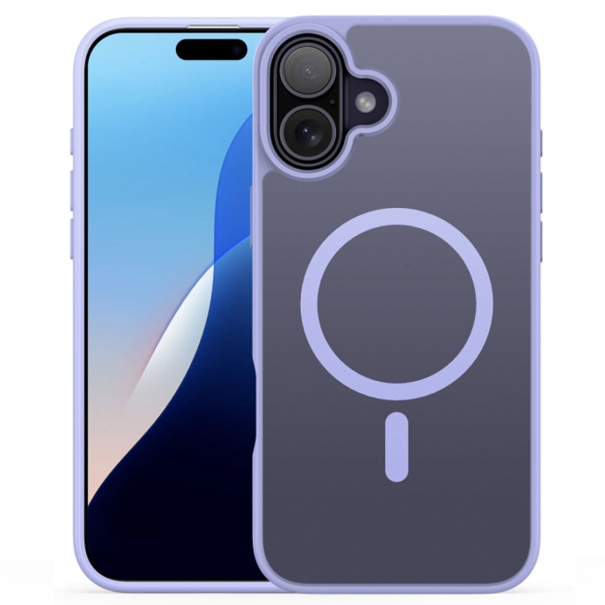 Na zdjęciu widoczne jest etui do iPhone 16 Plus w kolorze fioletowym, z okrągłym wzorem na tylnej części, umieszczone na tle telefonu z wyświetlaczem. Produkt jest przeznaczony do systemu MagSafe i ma magnetyczne plecki.
